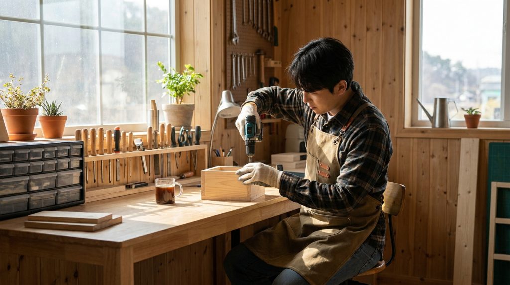 Un homme en tablier travaille le bois avec une perceuse dans son atelier lumineux.