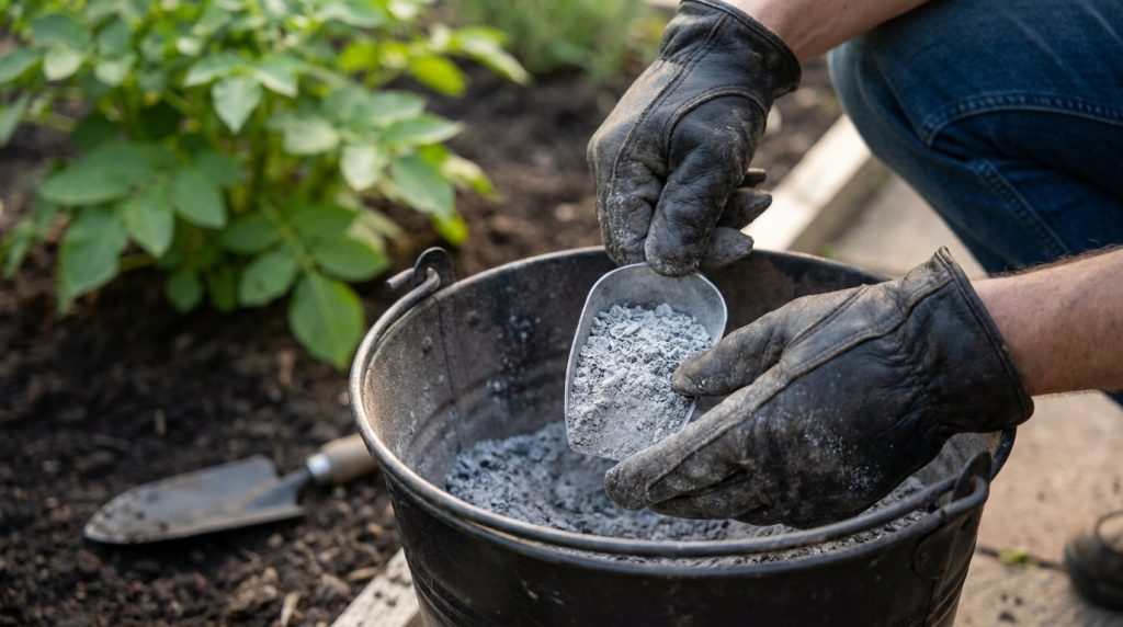Une personne gantée utilise une pelle pour prendre des cendres de bois dans un seau métallique au jardin.
