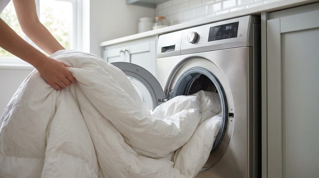 Une personne introduit une couette blanche volumineuse dans le tambour d'un lave-linge moderne en inox de 8 kg.