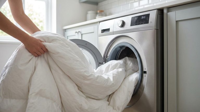 Une personne introduit une couette blanche volumineuse dans le tambour d'un lave-linge moderne en inox de 8 kg.
