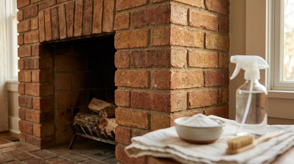 Produits naturels, brosse et spray posés devant une cheminée en briques rouges.