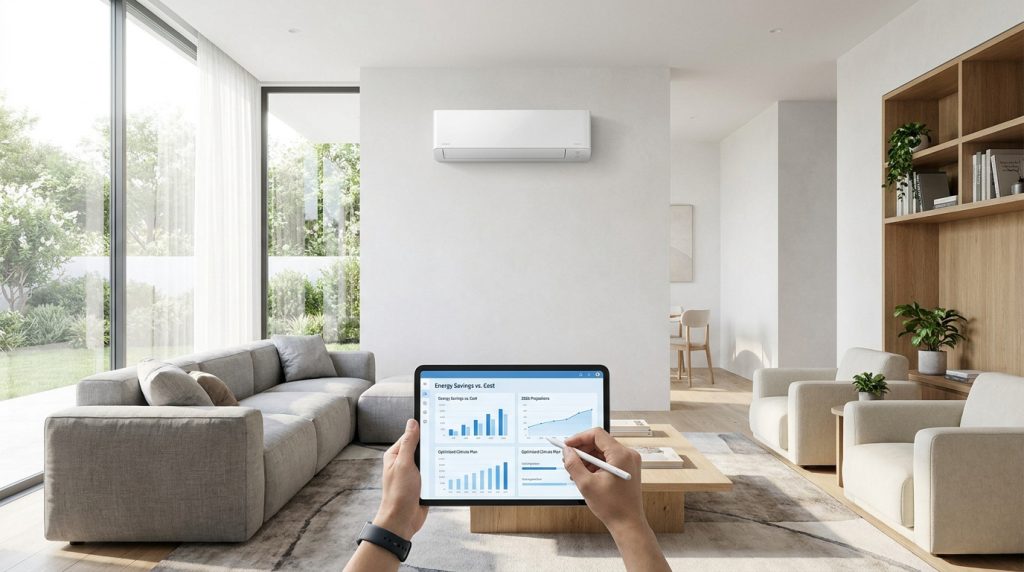 Mains tenant une tablette affichant des graphiques d'économies d'énergie dans un salon moderne avec climatisation murale.