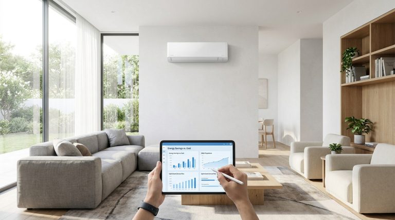Mains tenant une tablette affichant des graphiques d'économies d'énergie dans un salon moderne avec climatisation murale.