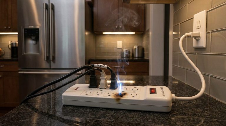 Une multiprise surchargée en train de fumer et de provoquer un court-circuit sur un comptoir de cuisine.