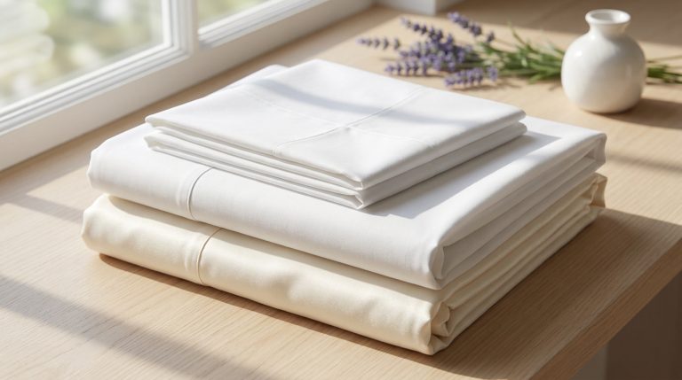 Pile de draps blancs pliés sur une table en bois près d'une fenêtre avec un brin de lavande.