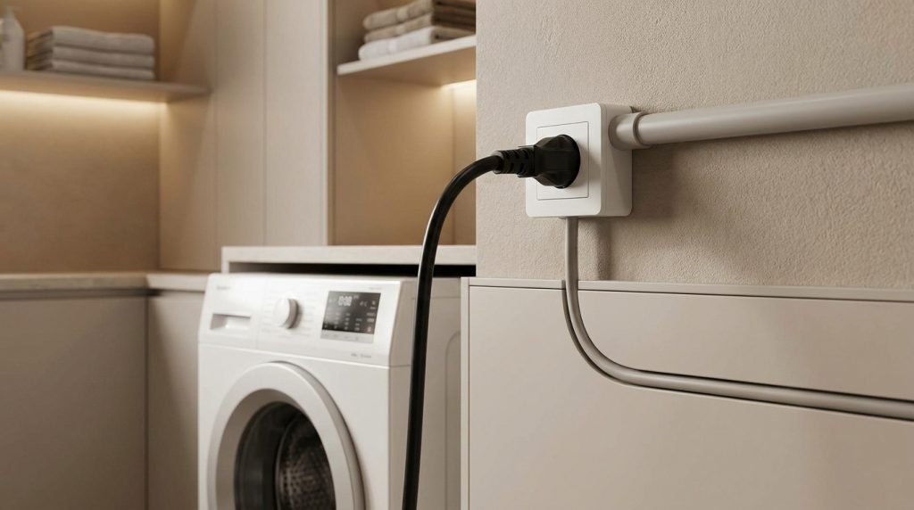 Prise électrique murale blanche avec une fiche noire branchée, reliée à une machine à laver dans une buanderie moderne.
