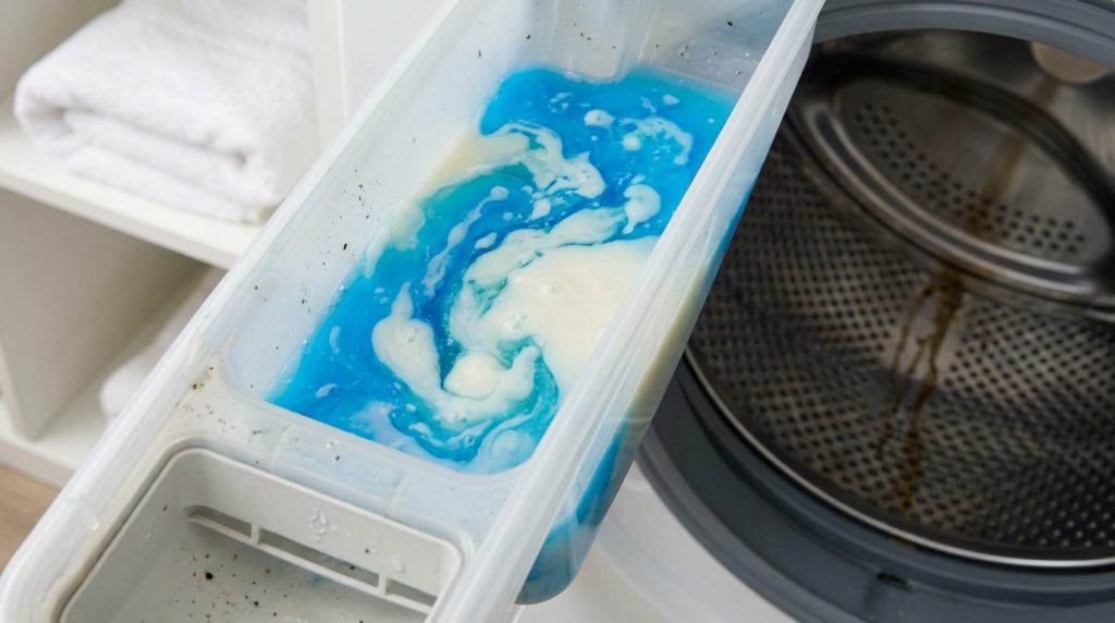 Bac à produits d'une machine à laver contenant un mélange de lessive bleue et d'adoucissant blanc.