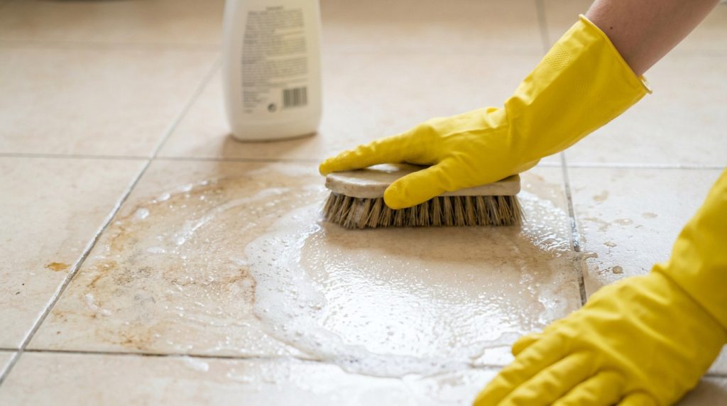 Mains avec gants jaunes frottant un carrelage sale avec une brosse et une solution de nettoyage.