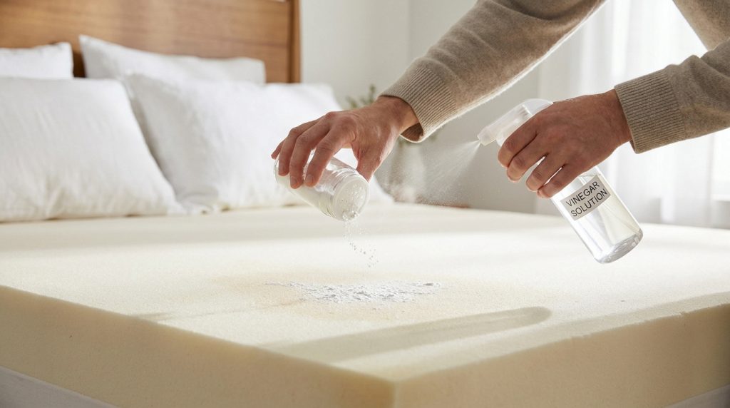Mains saupoudrant du bicarbonate et vaporisant une solution de vinaigre sur un matelas en mousse pour le désodoriser.