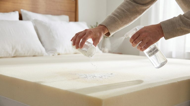 Mains saupoudrant du bicarbonate et vaporisant une solution de vinaigre sur un matelas en mousse pour le désodoriser.