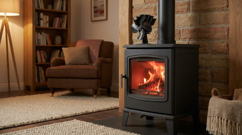 Un poêle à bois noir avec un ventilateur thermique posé sur le dessus dans un salon confortable.