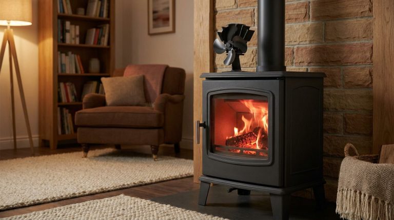 Un poêle à bois noir avec un ventilateur thermique posé sur le dessus dans un salon confortable.