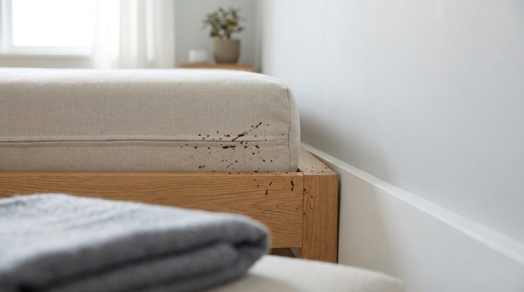 Taches sombres caractéristiques de déjections de punaises de lit sur le bord d'un matelas en tissu beige.