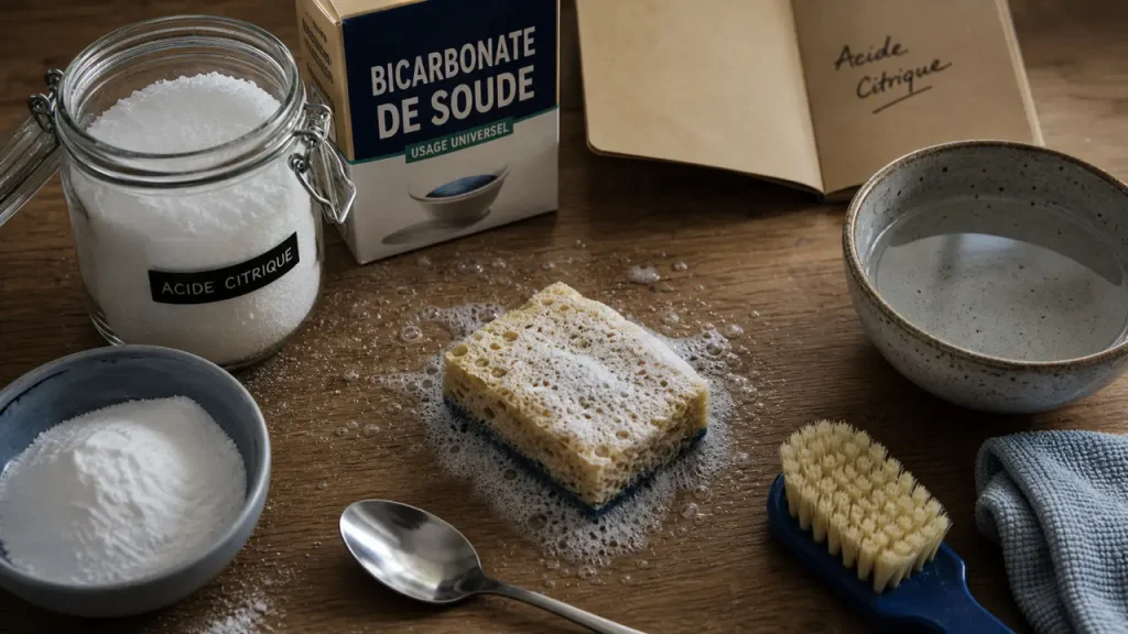 Mélange minute acide citrique bicarbonate de soude qui mousse, cristaux et bicarbonate