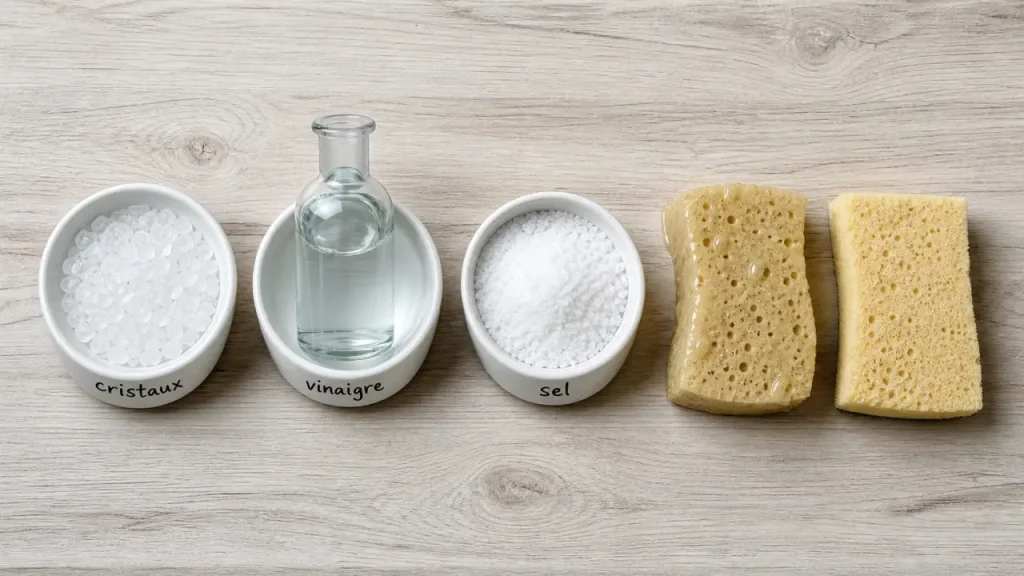 Cristaux de soude, vinaigre, sel pour nettoyer : trois bols et éponge