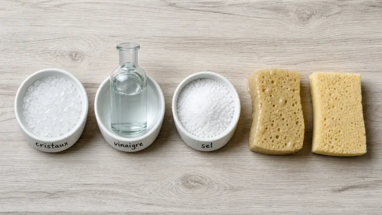 Cristaux de soude, vinaigre, sel pour nettoyer : trois bols et éponge