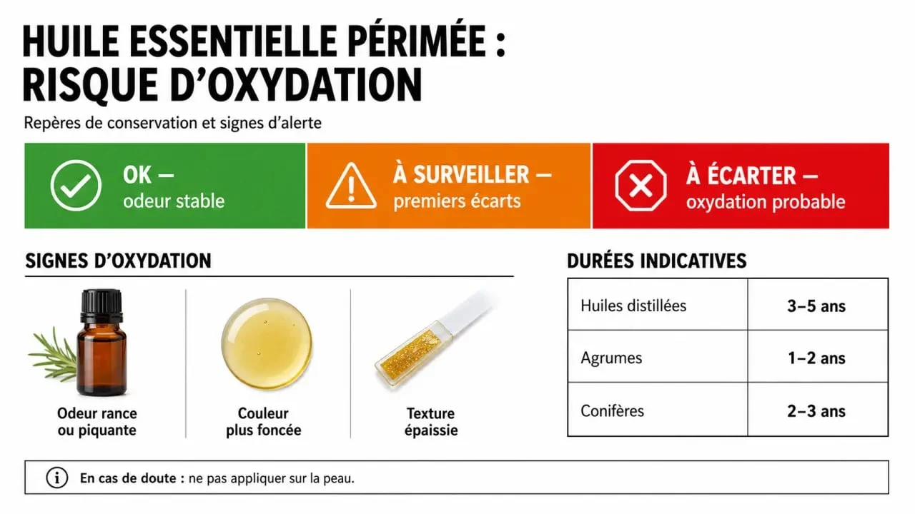 Huile essentielle périmée dangereux : schéma de conservation, d’oxydation et de tri du flacon