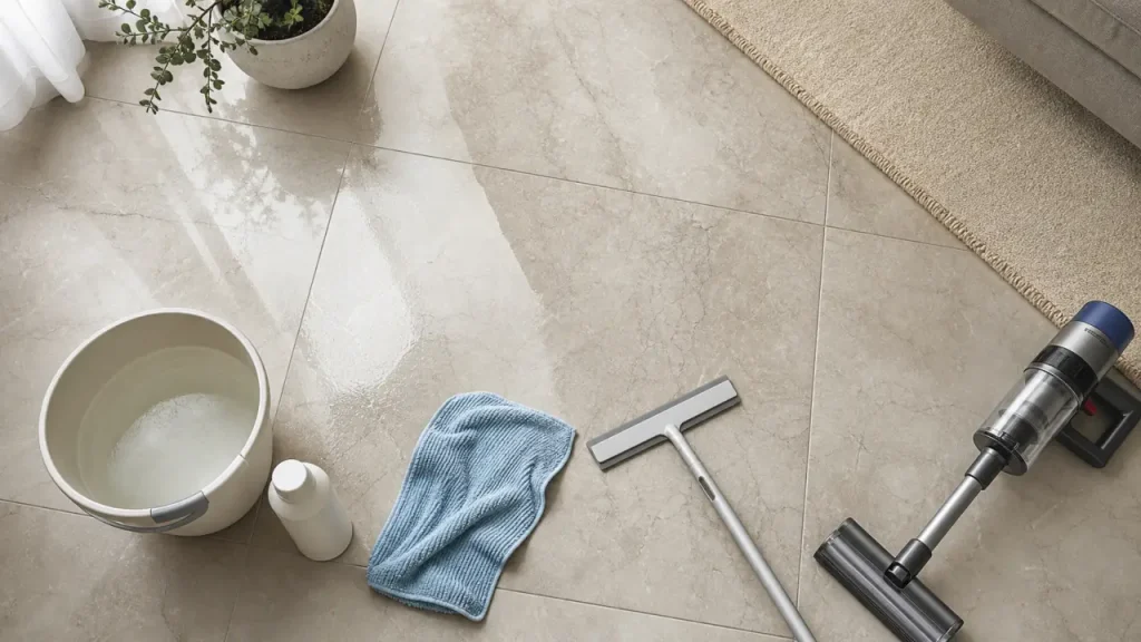 Laver sol sans traces avec eau tiède et serpillière microfibre