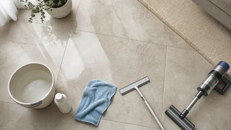 Laver sol sans traces avec eau tiède et serpillière microfibre