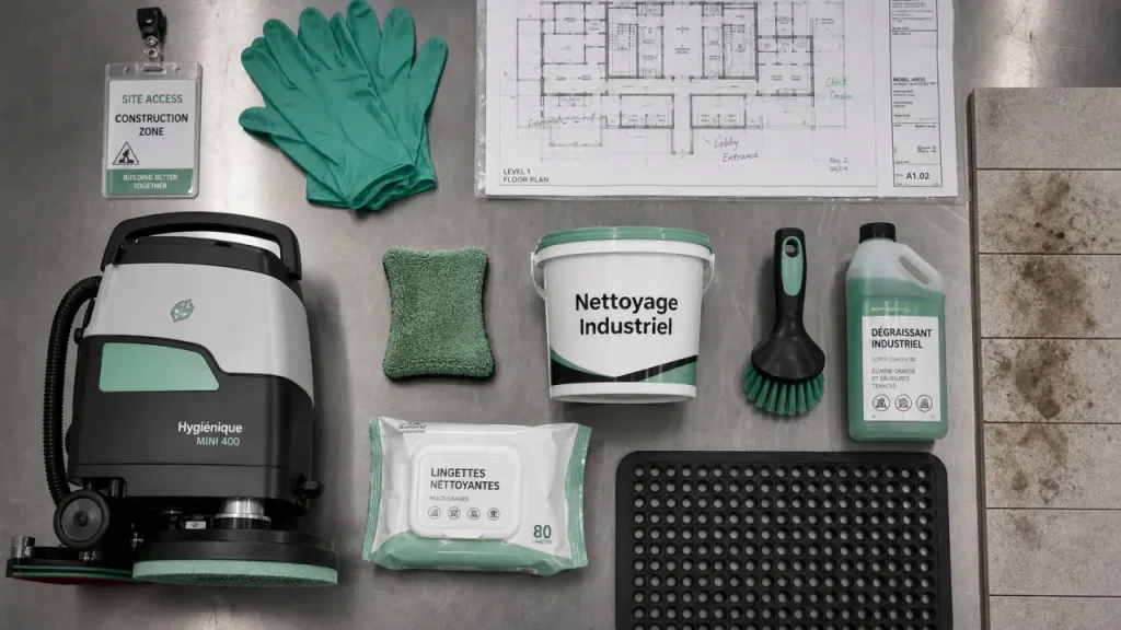 Nettoyage industriel avec autolaveuse et dégraissant en chantier