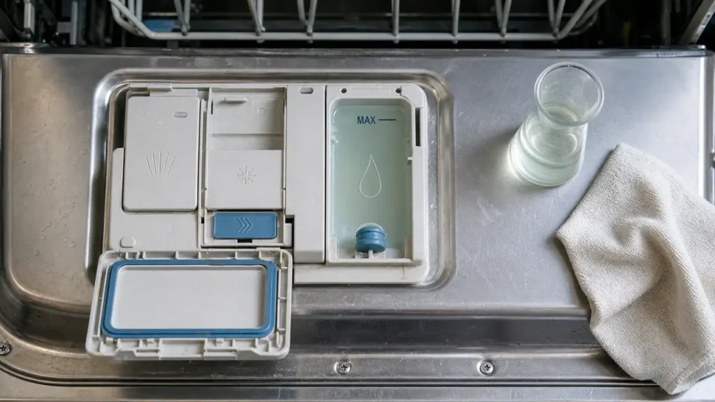 Où mettre le liquide de rinçage lave vaisselle : repère MAX dans le compartiment