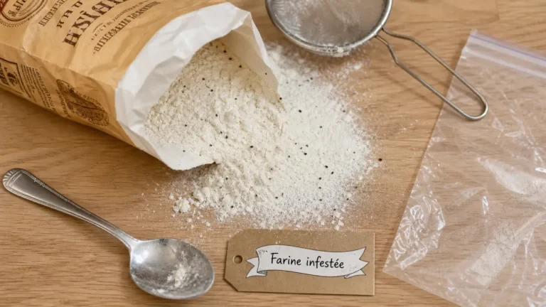 Petite bete dans la farine : points bruns et poussière blanchâtre