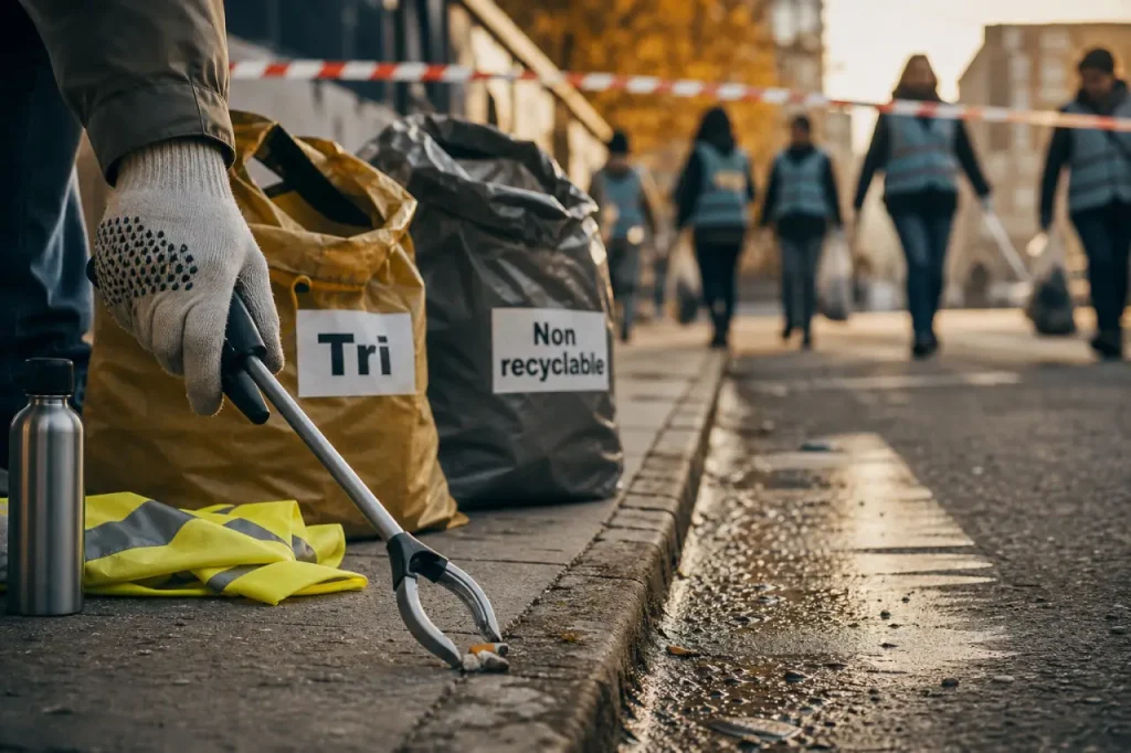 Ramasser des dechets sans danger avec gants et tri