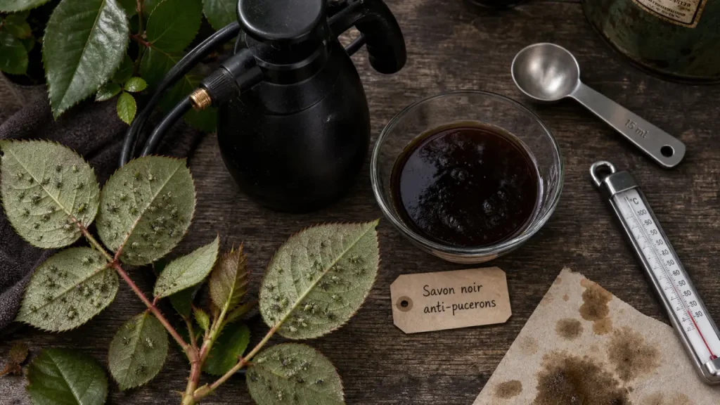 Savon noir puceron : pulvérisation anti-pucerons sur rosiers infestés
