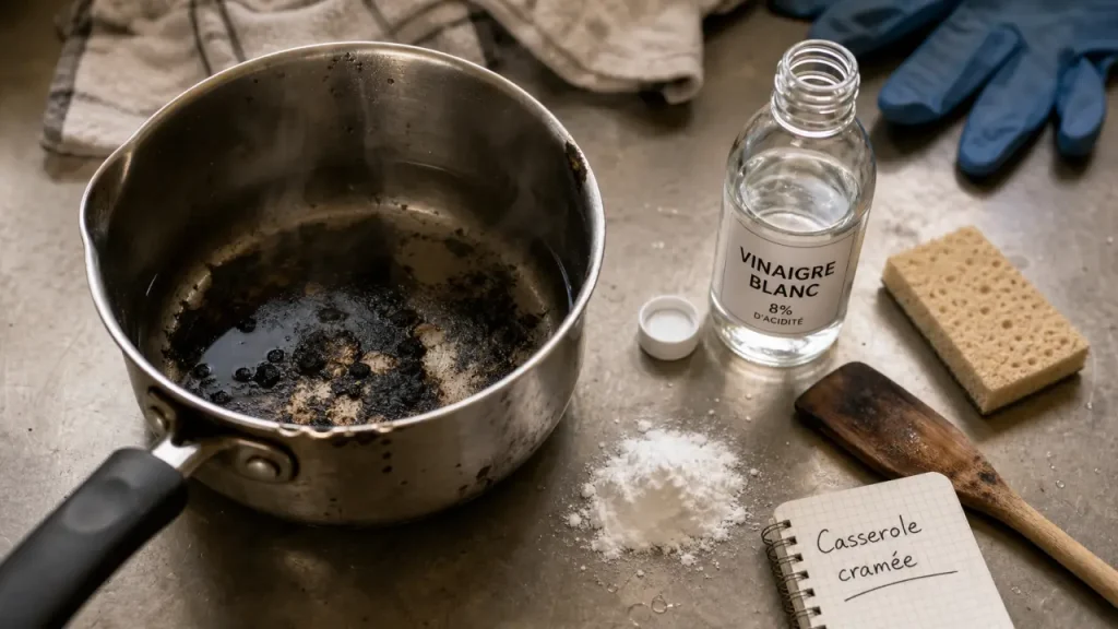 Casserole cramée : fond noirci à nettoyer sans abîmer la casserole