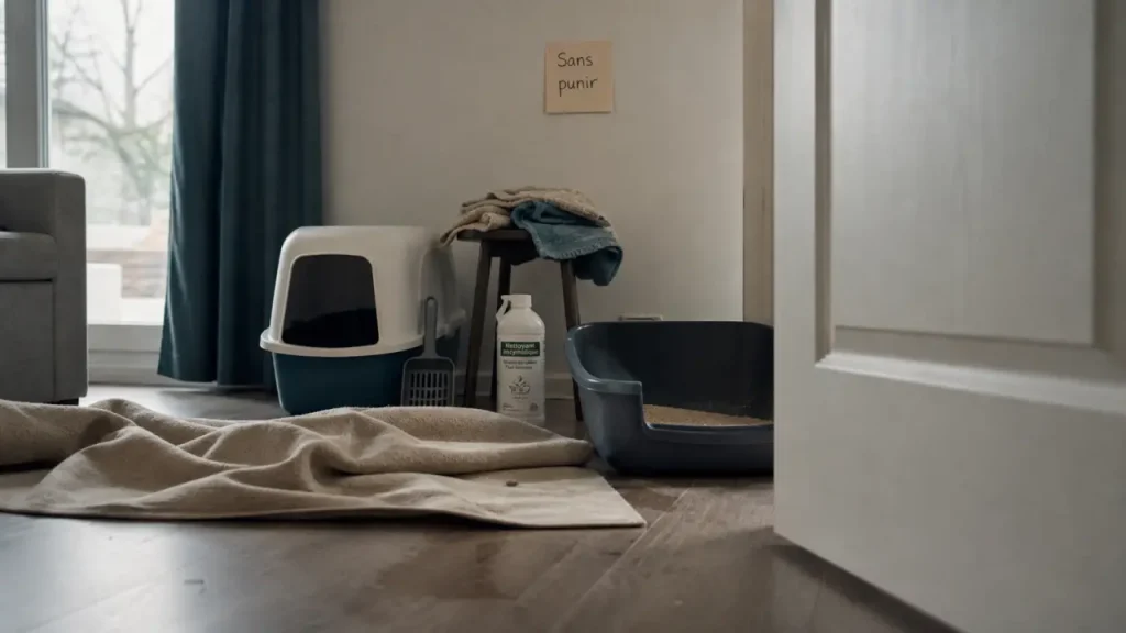 Chat fait pipi partout près de la litière et d’un tapis, sans punir.