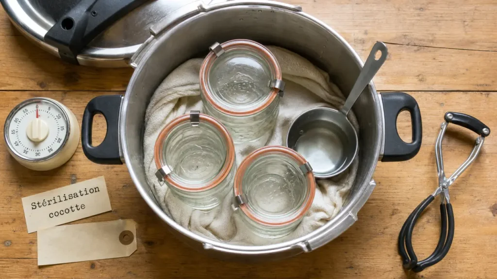 Cocotte minute sterilisation bocaux à 110°C avec 2 cm de vide