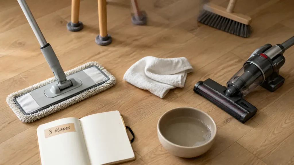 Comment nettoyer du parquet flottant : serpillière microfibre très essorée et eau tiède