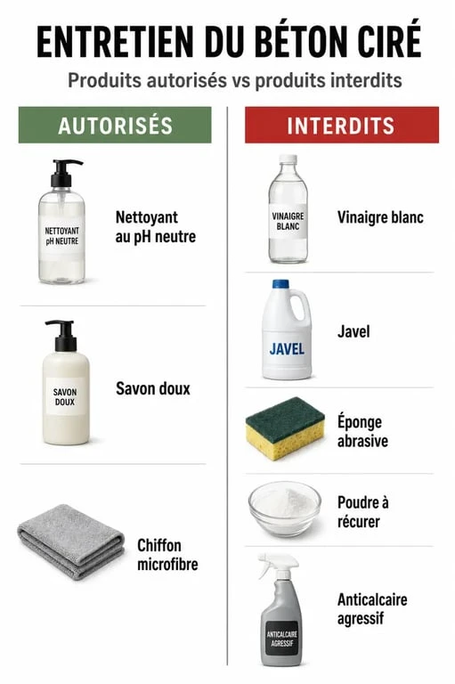 Nettoyer béton ciré : produits autorisés et produits interdits en comparaison visuelle