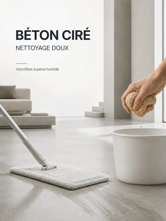 Nettoyer béton ciré au quotidien avec une serpillière microfibre bien essorée sur sol minéral satiné