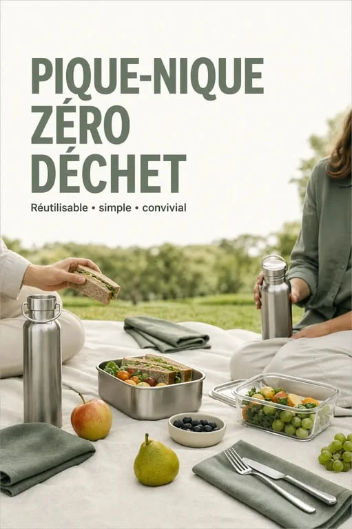 Pique-nique zéro déchet avec gourdes, boîtes réutilisables, serviettes en tissu et fruits frais