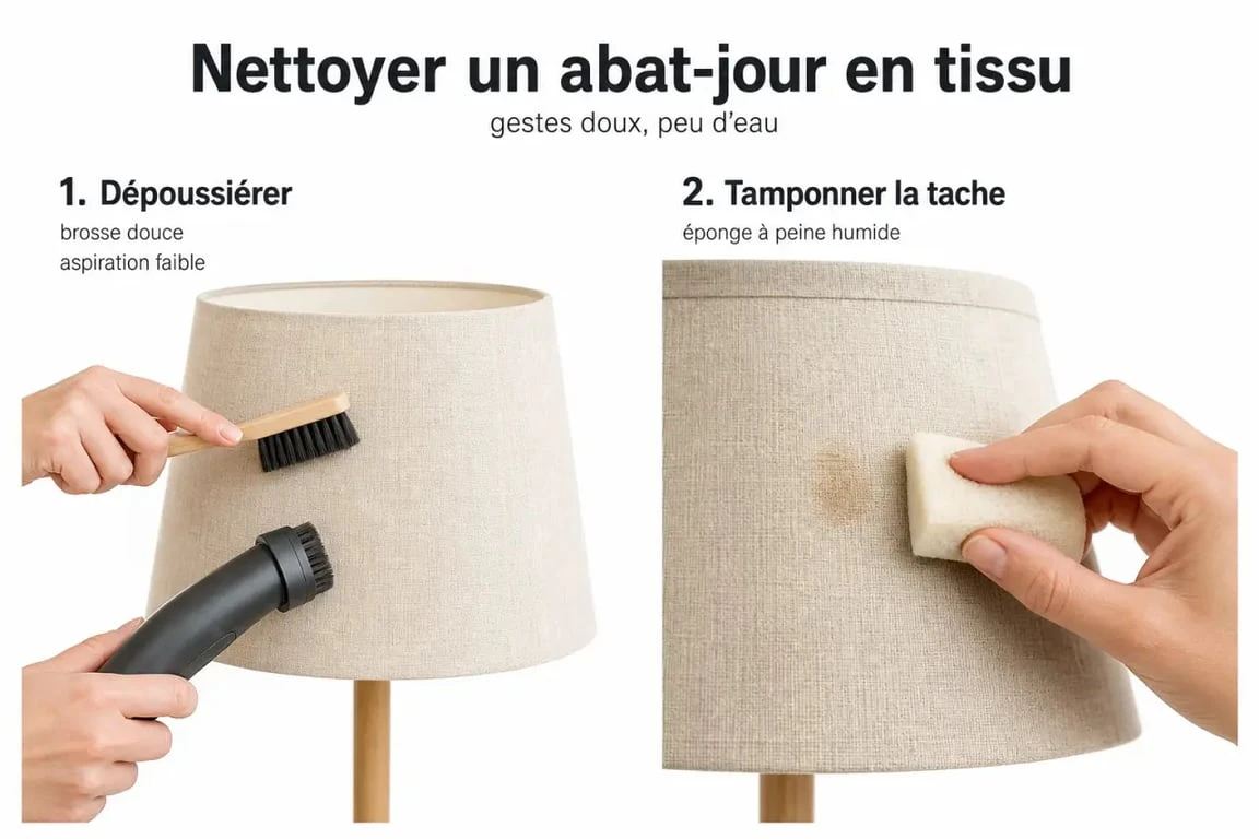 Nettoyer abat jour en tissu avec brosse douce et aspirateur à faible puissance dans une scène tutorielle à la maison