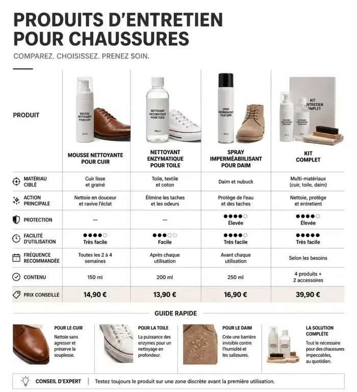 Infographie comparative des produits pour nettoyer les chaussures et entretenir ses sneakers