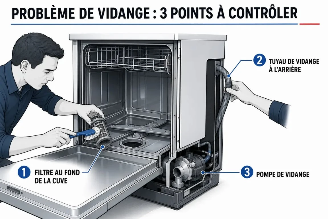 Produit pour deboucher un lave vaisselle : illustration des zones à vérifier, filtre, tuyau de vidange et pompe
