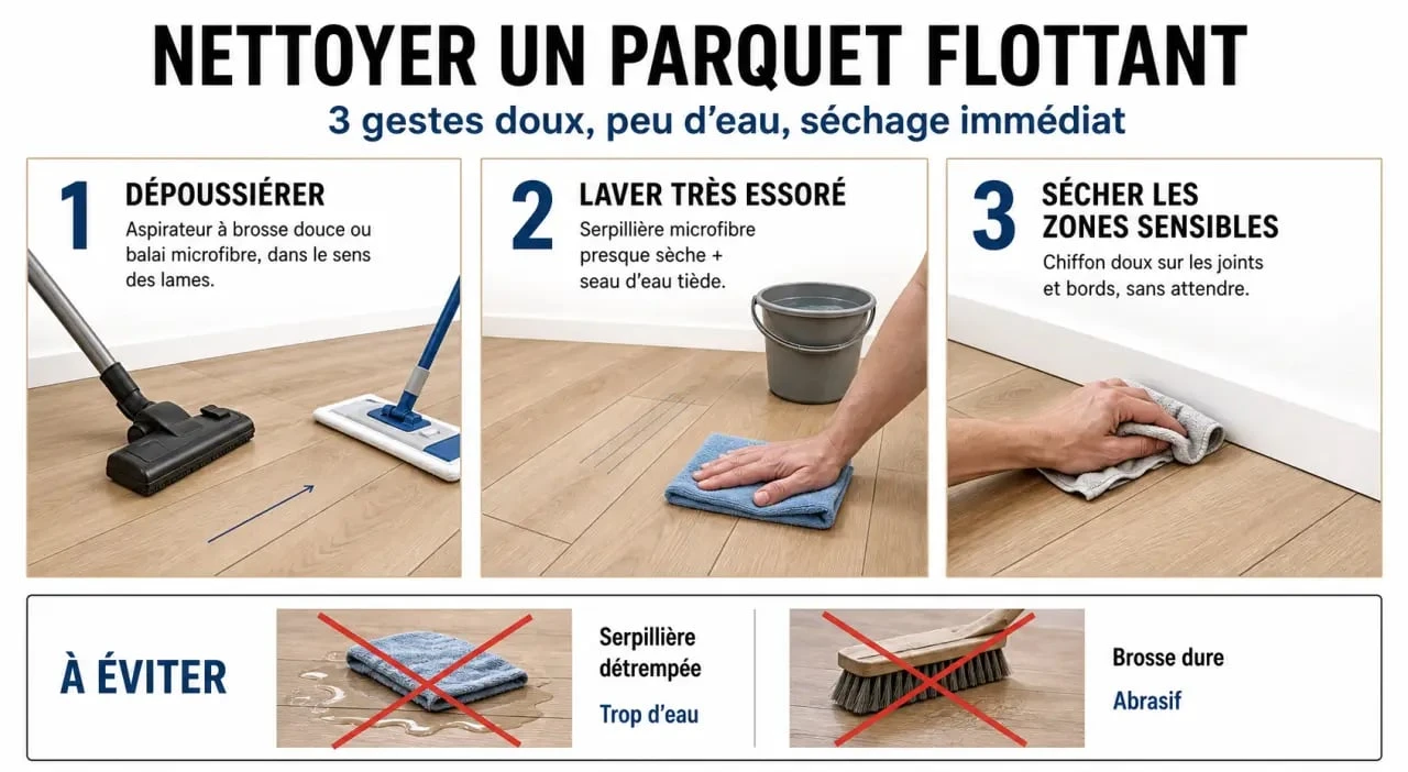 Comment nettoyer du parquet flottant en 3 étapes avec dépoussiérage, lavage doux et séchage rapide