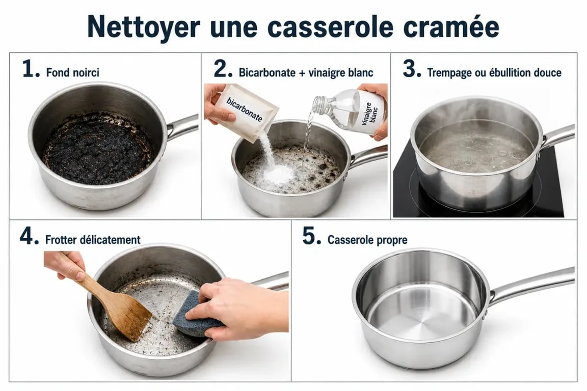 Casserole cramée nettoyée pas à pas avec bicarbonate, vinaigre blanc et éponge douce