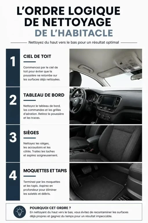 Infographie des étapes de nettoyage habitacle voiture pour un résultat professionnel
