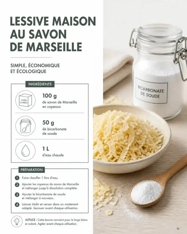 Ingrédients pour fabriquer sa lessive maison : savon de Marseille et bicarbonate de soude