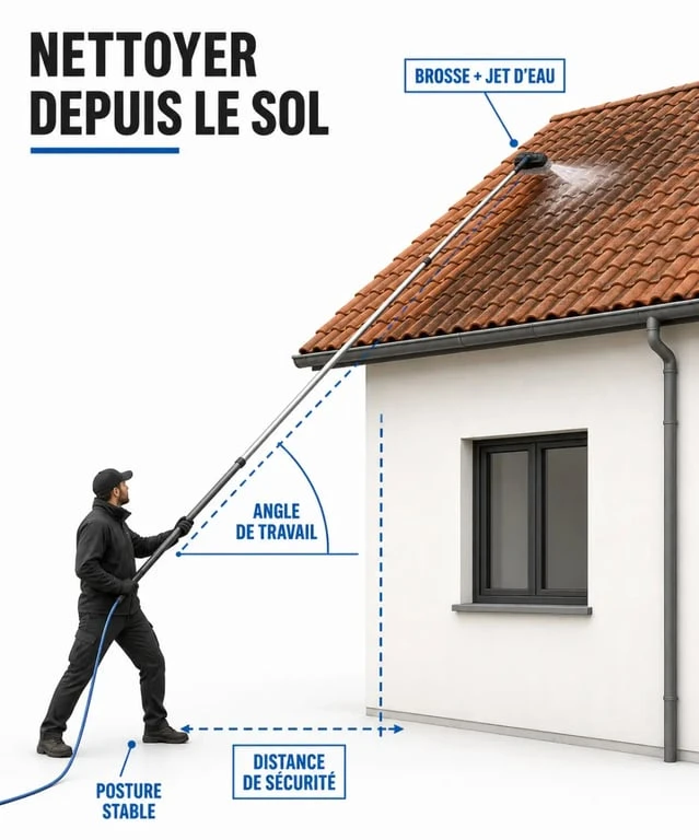 Perche pour nettoyer toiture utilisée depuis le sol sur une maison, avec brosse et pulvérisation