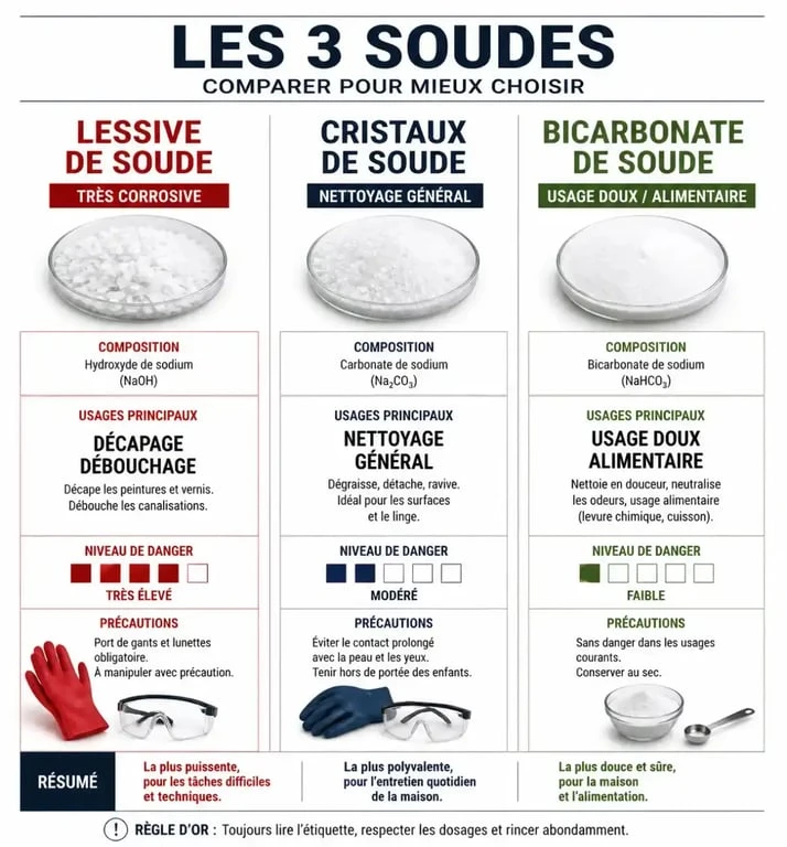 Comparatif des usages et niveaux de dangerosité : lessive de soude, cristaux de soude et bicarbonate de soude