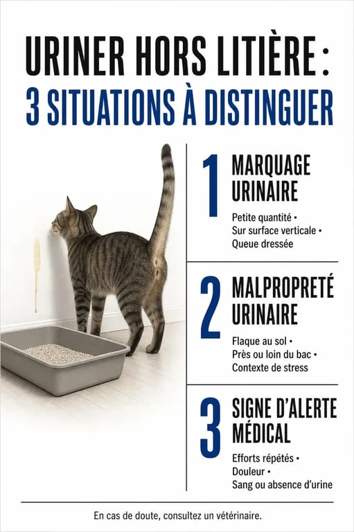 Chat fait pipi partout : comparaison visuelle entre marquage urinaire, malpropreté et signe d’alerte médical