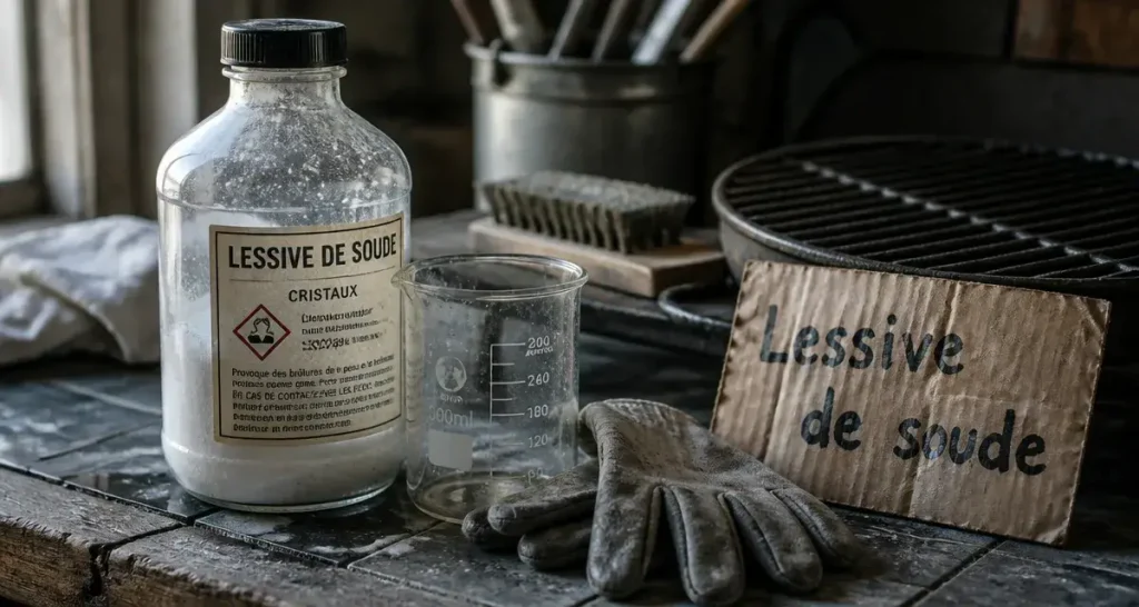 Lessive de soude : flacon, gants et bécher pour entretien domestique