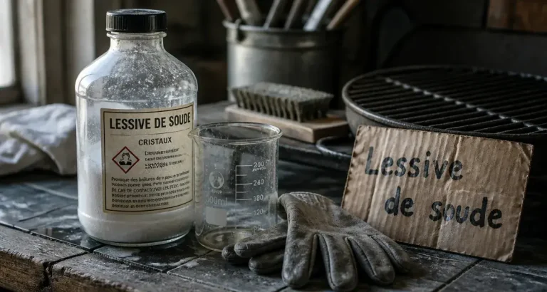 Lessive de soude : flacon, gants et bécher pour entretien domestique