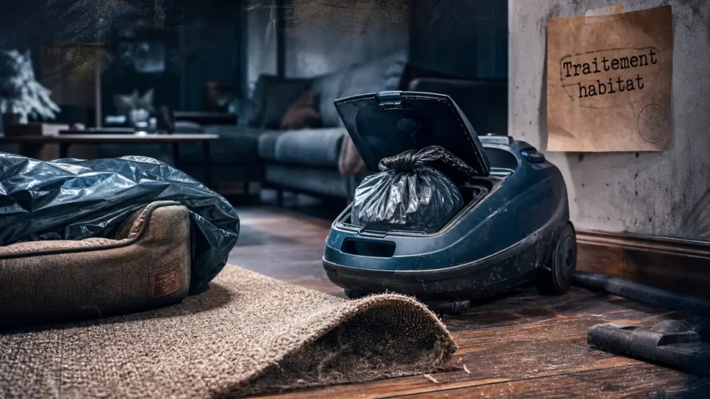 Traitement des puces dans la maison : aspirateur et sac scellé sur tapis