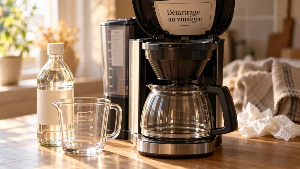 Detartrer la cafetiere au vinaigre blanc : flacon de vinaigre et rinçage de la cafetière