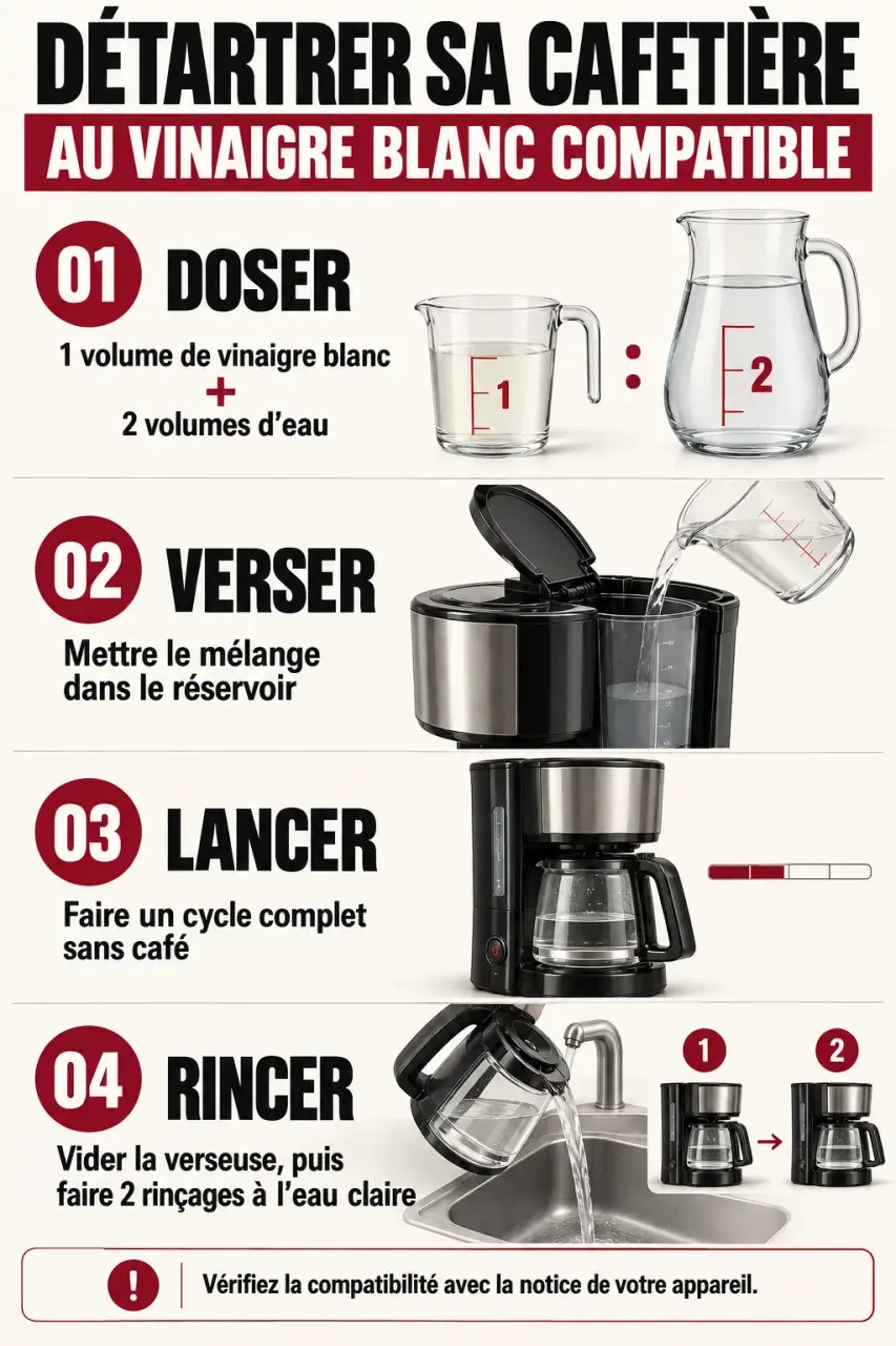 Étapes pour détartrer la cafetière au vinaigre blanc avec rinçage à l’eau claire